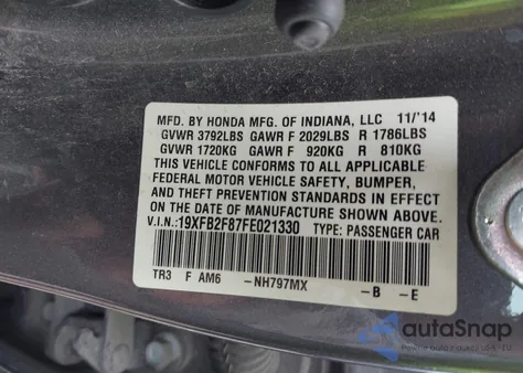 2015 Honda Civic Ex from USA, damaged, VIN 19XFB2F87FE021330